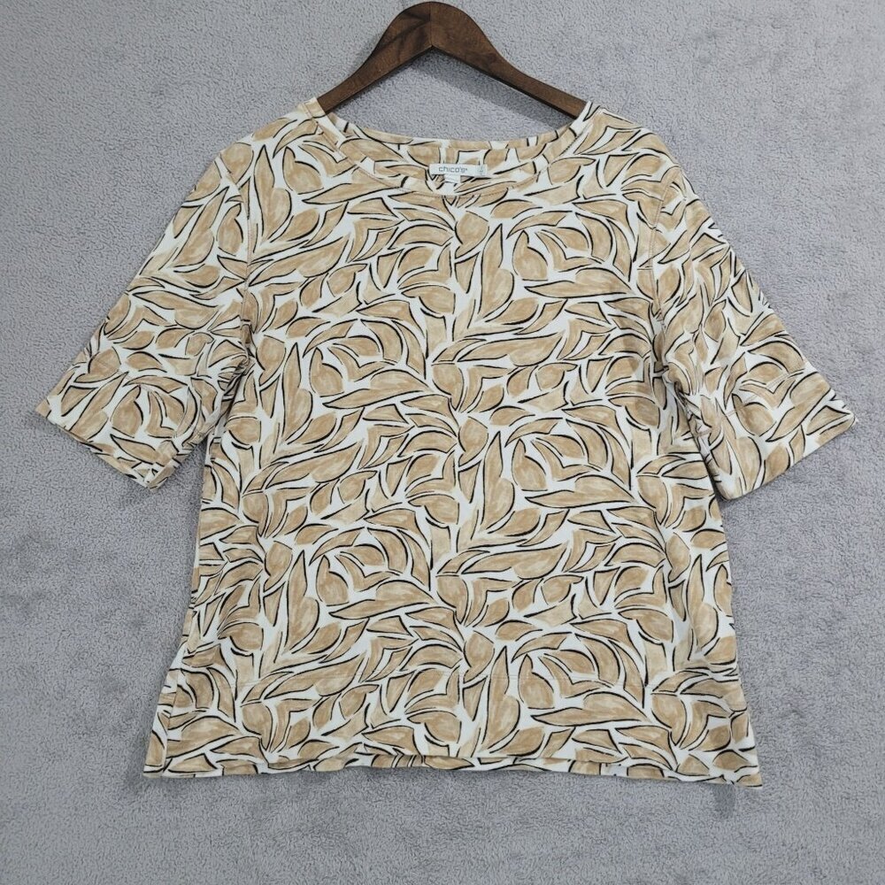 Chico's Womens Leaf Print Top 2/ L Pima Cotton Beige Black  JCT